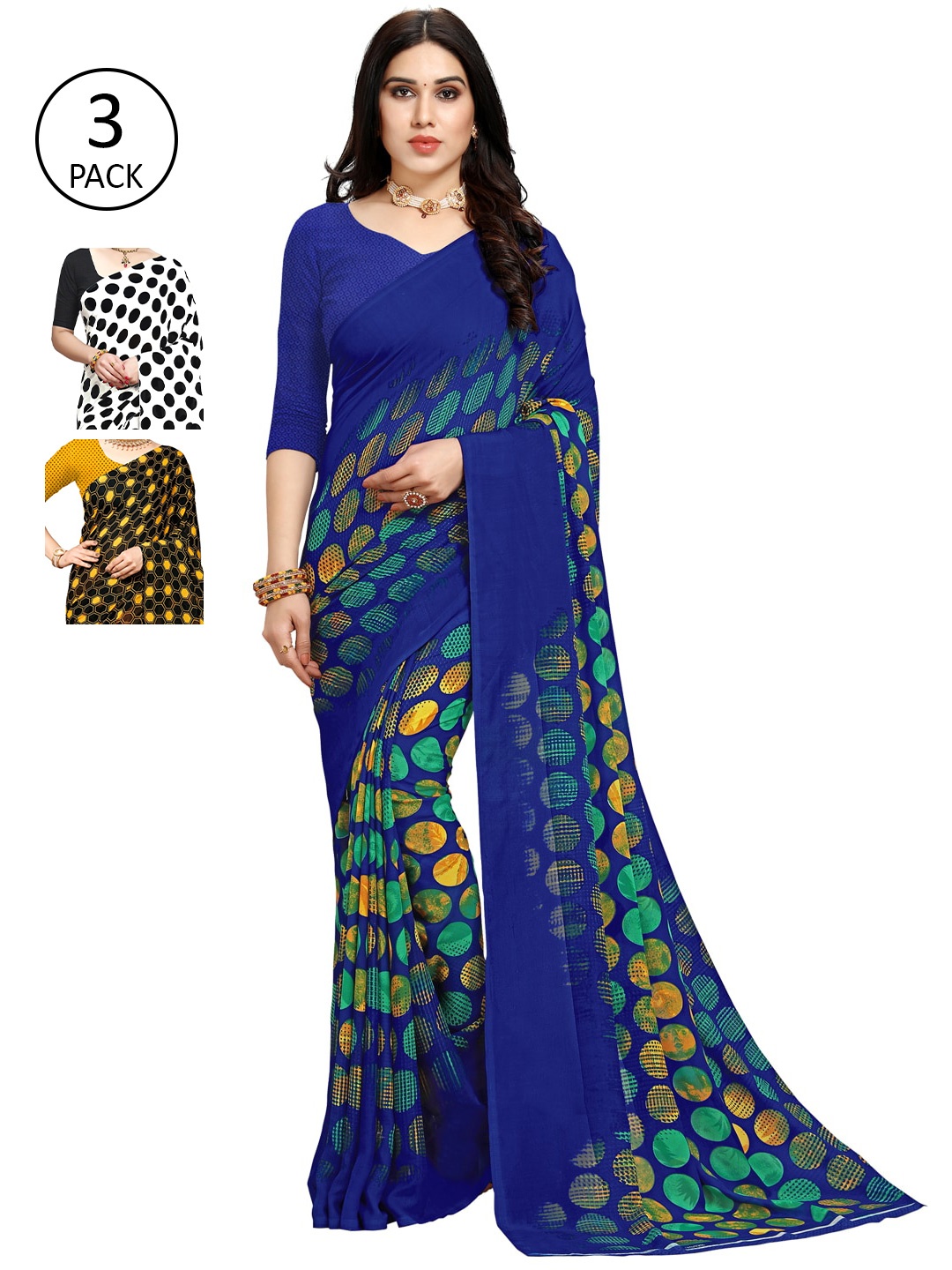 

KALINI Blue & Black Floral Pack of 3 Saree