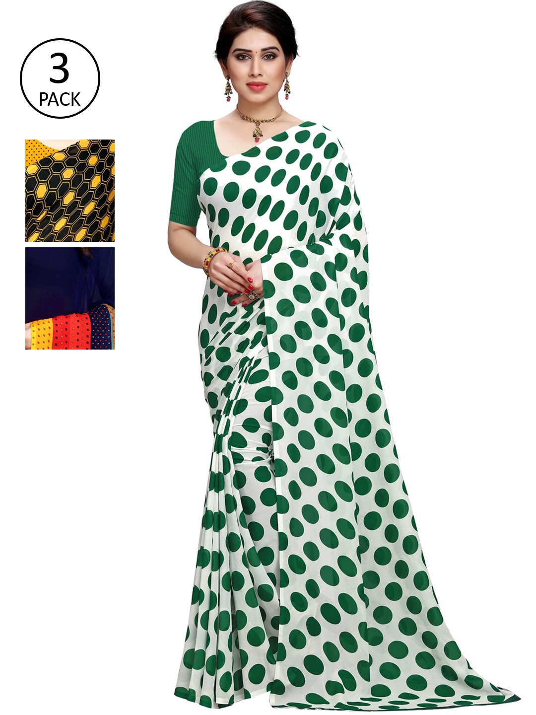 

KALINI Pack Of 3 Poly Georgette Sarees, White