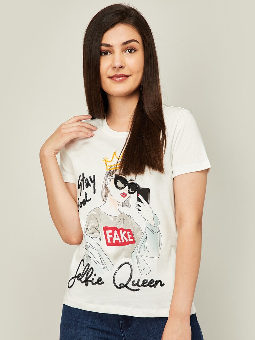

Ginger by Lifestyle Women Off White Printed Cotton T-shirt