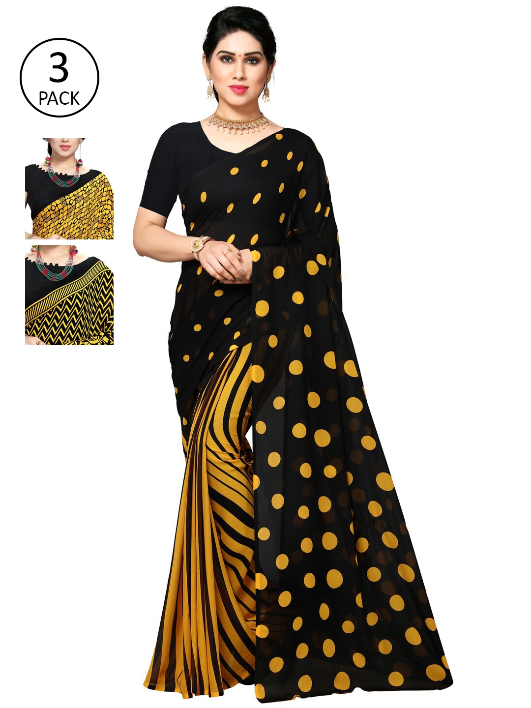 

KALINI Pack Of 3 Poly Georgette Sarees, Black