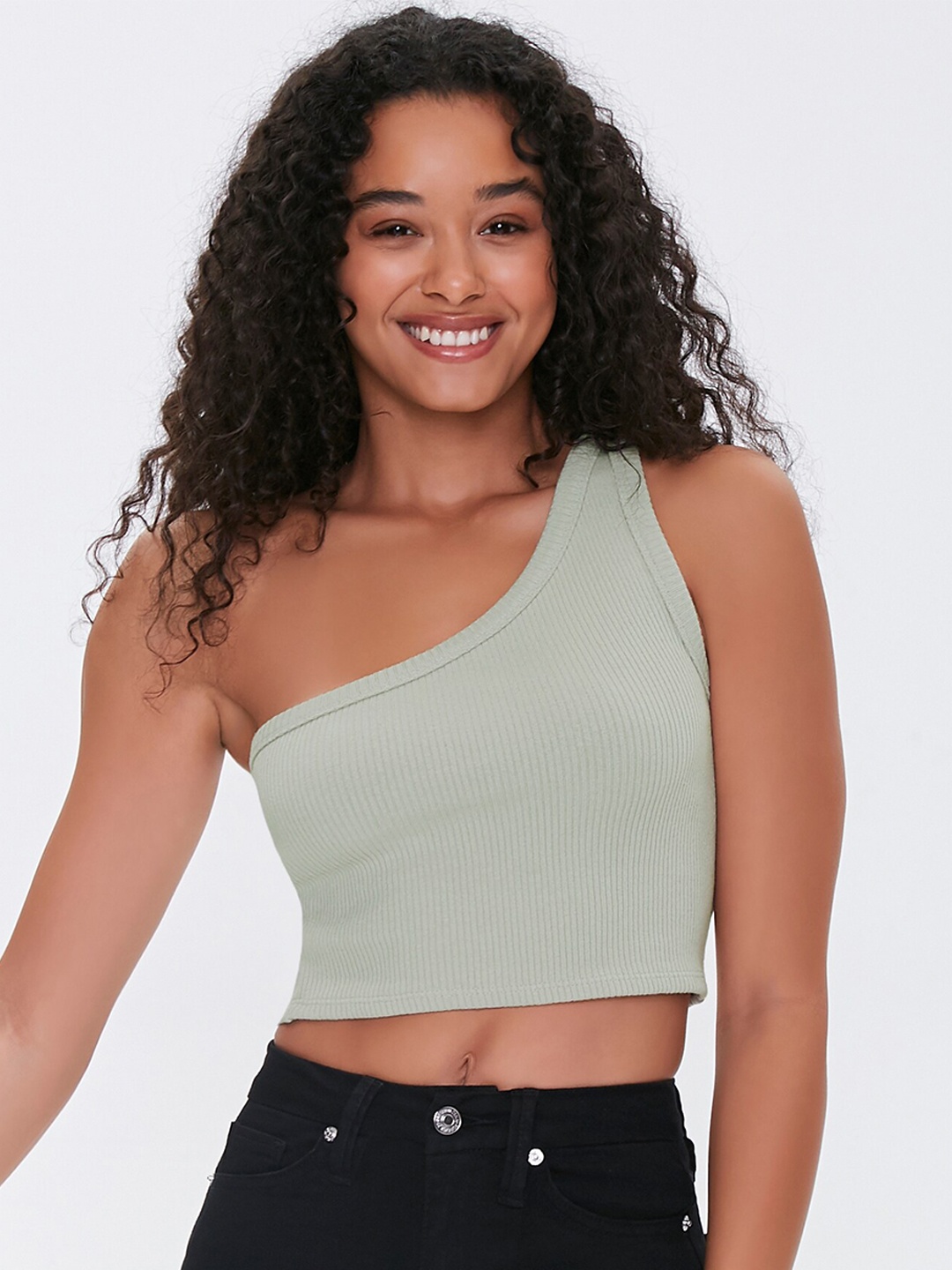 

FOREVER 21 Grey Striped One Shoulder Fitted Crop Top