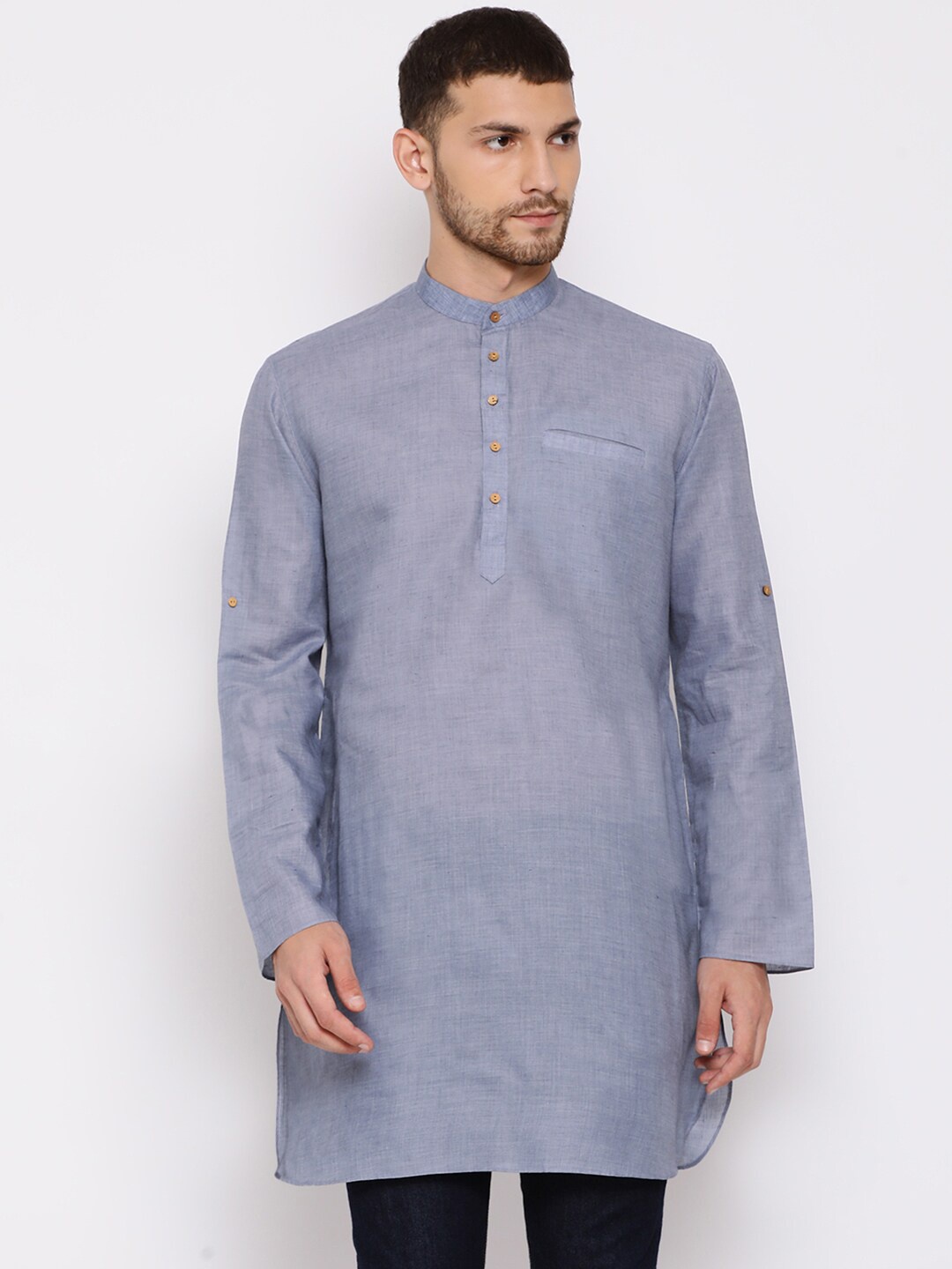

VASTRAMAY Men Blue Yoke Design Thread Work Kurta