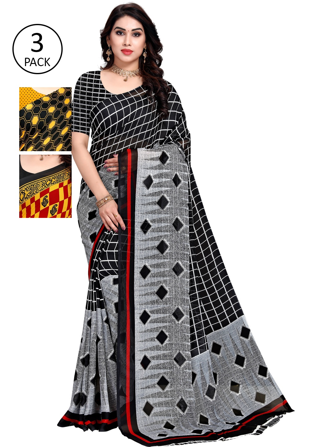 

KALINI Multicoloured Set of 3 Poly Georgette Saree, Multi