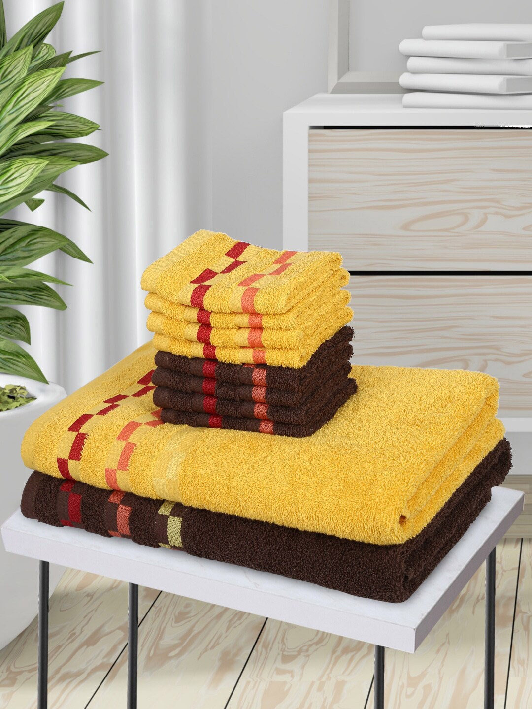 

BIANCA Set Of 10 Solid Pure Mercerized Cotton 450 GSM Bumpy-Stripes Towel Set, Gold