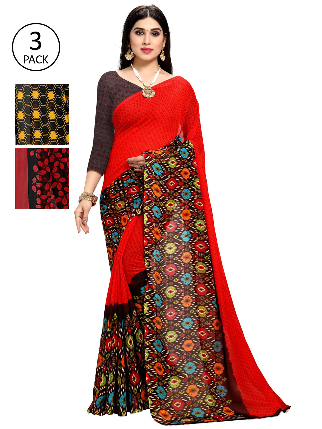 

KALINI Pack of 3 Poly Georgette Sarees, Yellow