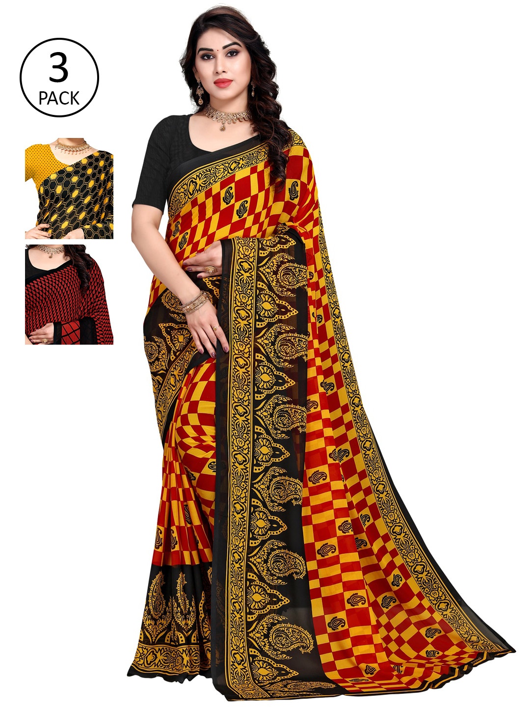 

KALINI Yellow & Black Pack of 3 Printed Saree