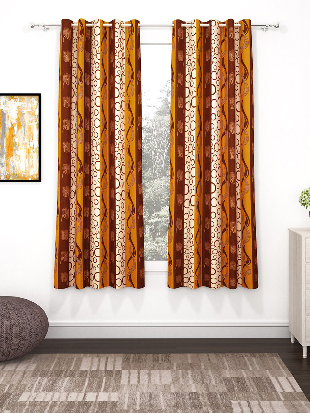 

Bedspun Brown & Yellow Set of 2 Printed Polyester Eyelet Ringtop Window Curtains