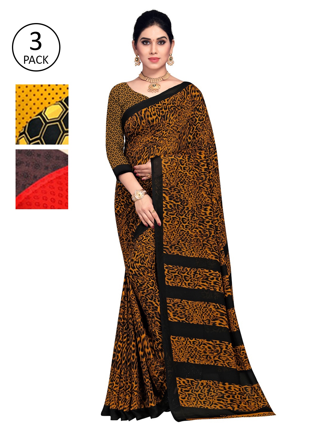 

KALINI Pack of 3 Printed Saree, Mustard