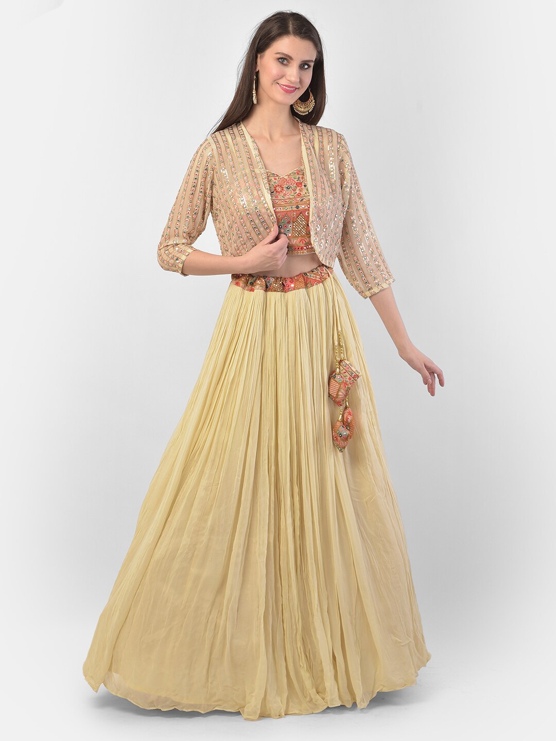 

Neerus Cream-Coloured & Red Embellished Mirror Work Ready to Wear Lehenga