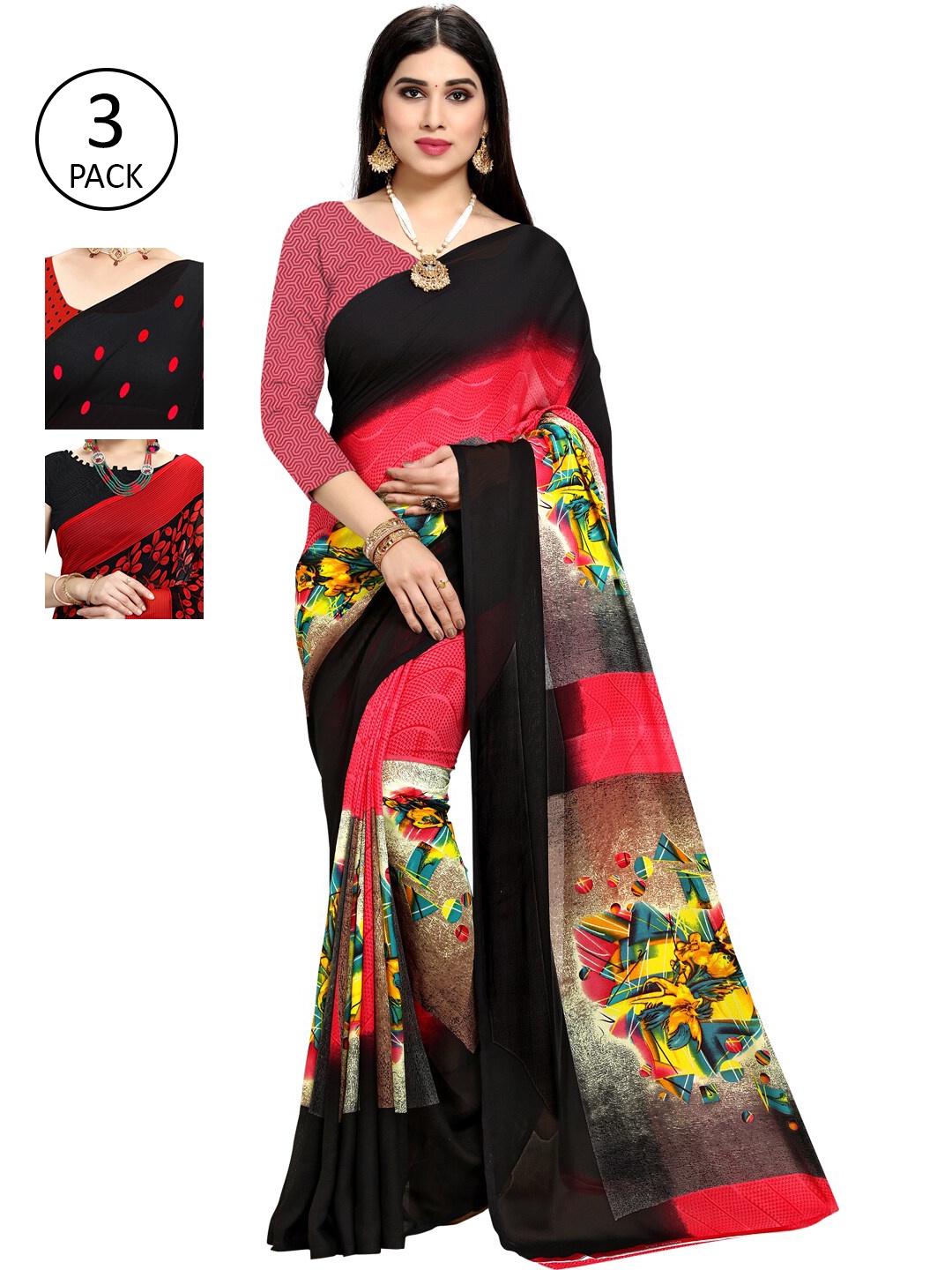 

KALINI Women Pack of 3 Printed Sarees, Pink