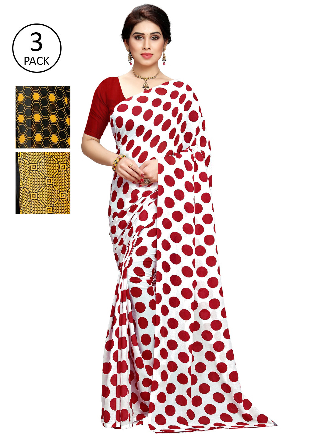 

KALINI Women Pack of 3 Printed Poly Georgette Sarees, Yellow