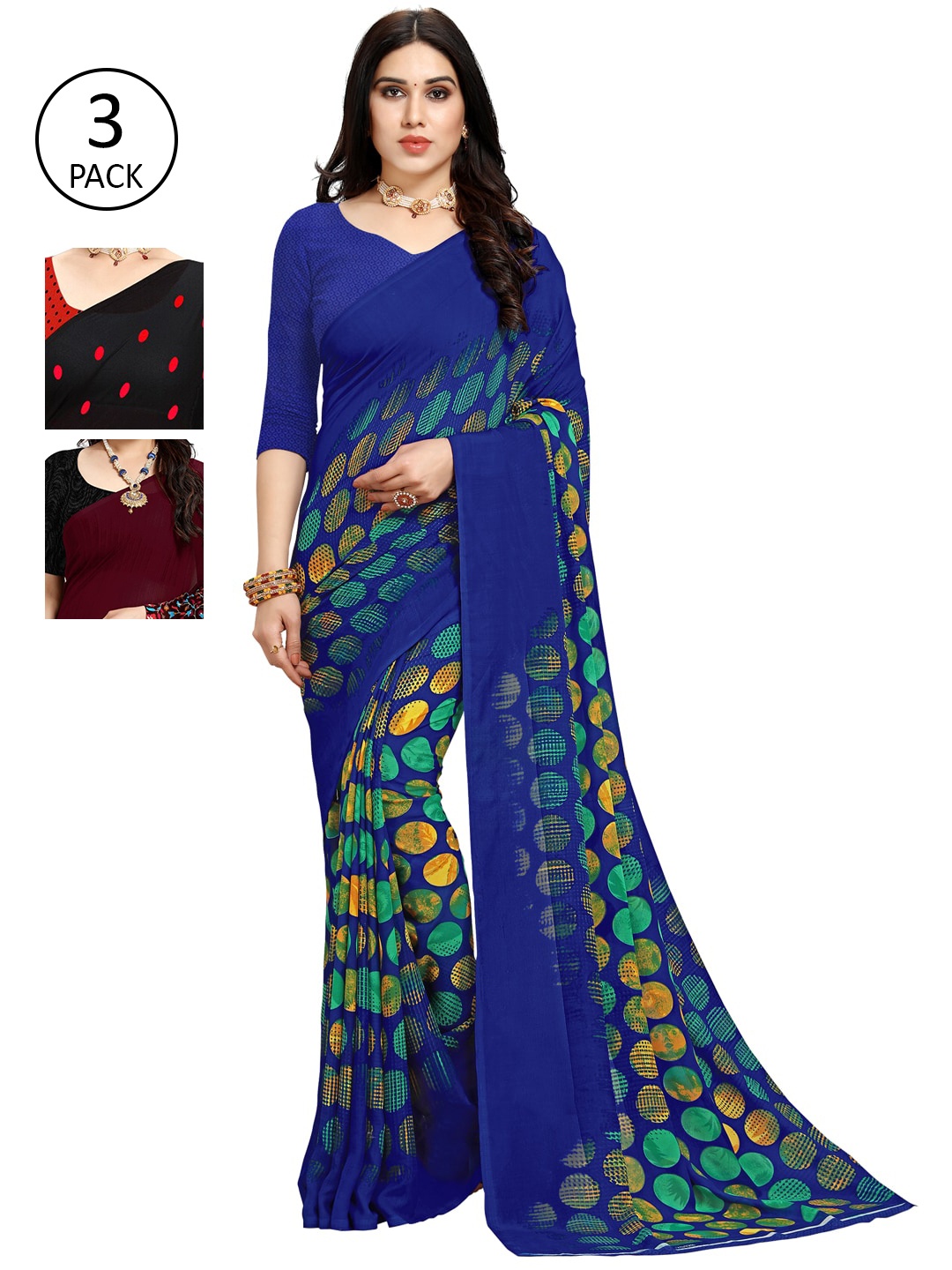 ANAND SAREES Pack Of 3 Poly Georgette Sarees, Blue