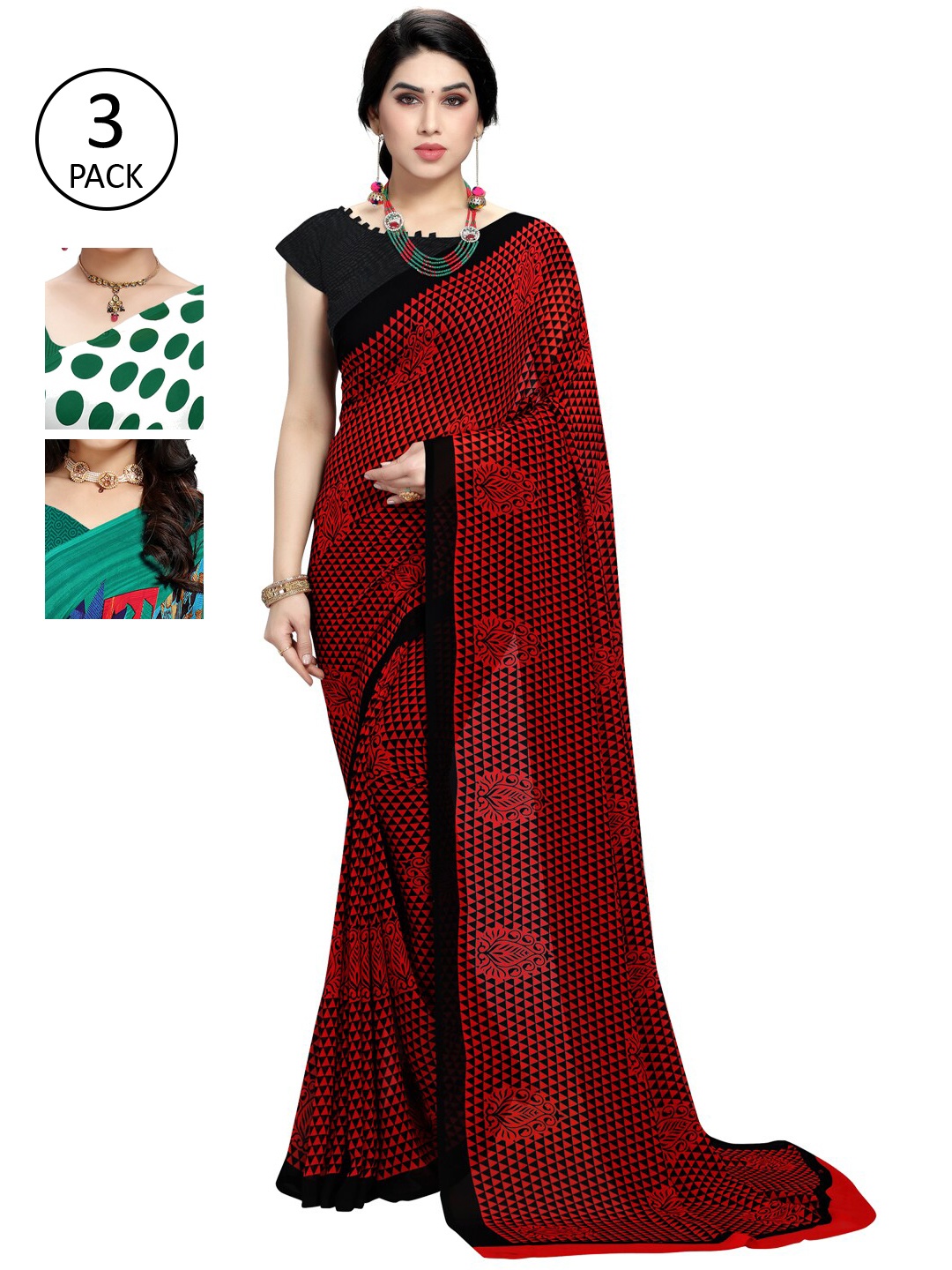 

KALINI Women Pack of 3 Printed Poly Georgette Sarees, White