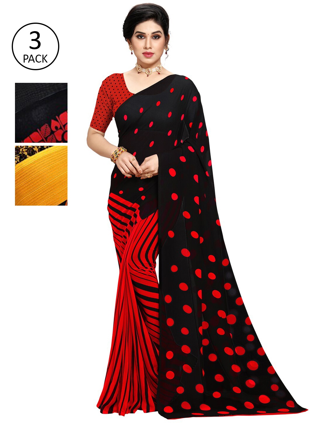 

KALINI Pack Of 3 Poly Georgette Sarees, Black