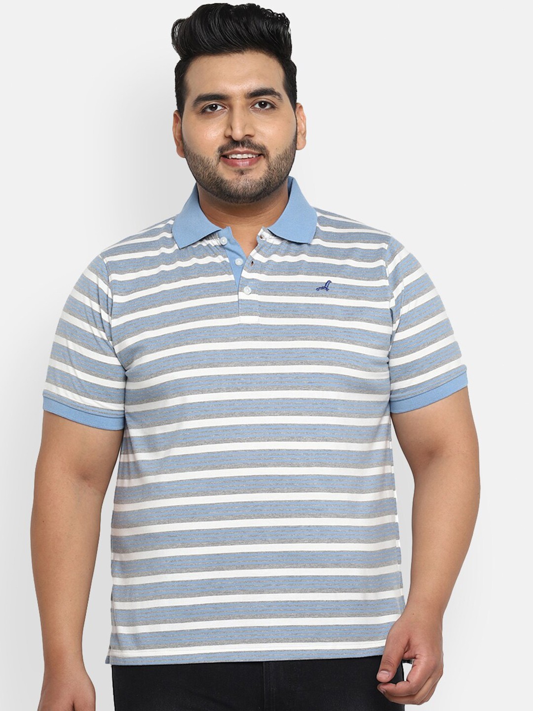 

American Crew Plus Men White & Blue Striped Polo Collar T-shirt