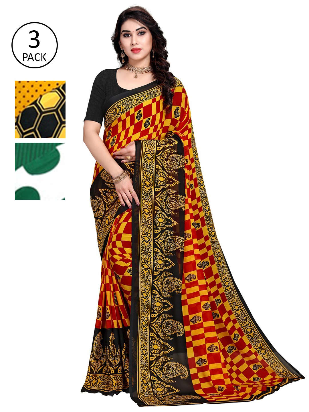 

KALINI Pack of 3 Printed Sarees, Red