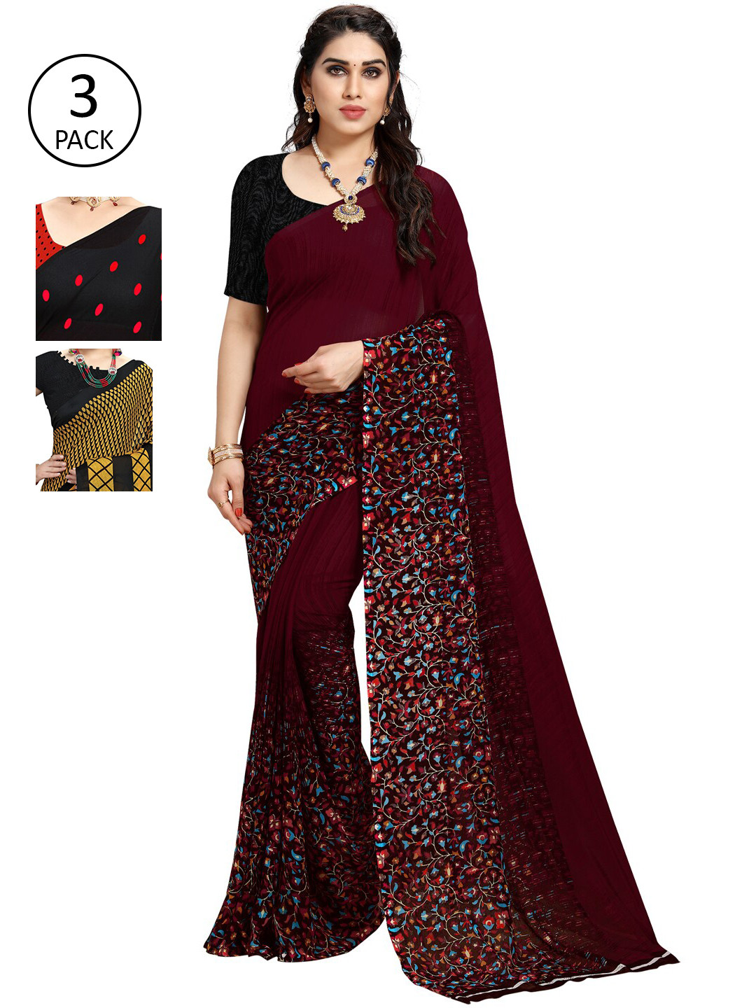 

KALINI Pack of 3 Printed Poly Georgette Saree, Multi