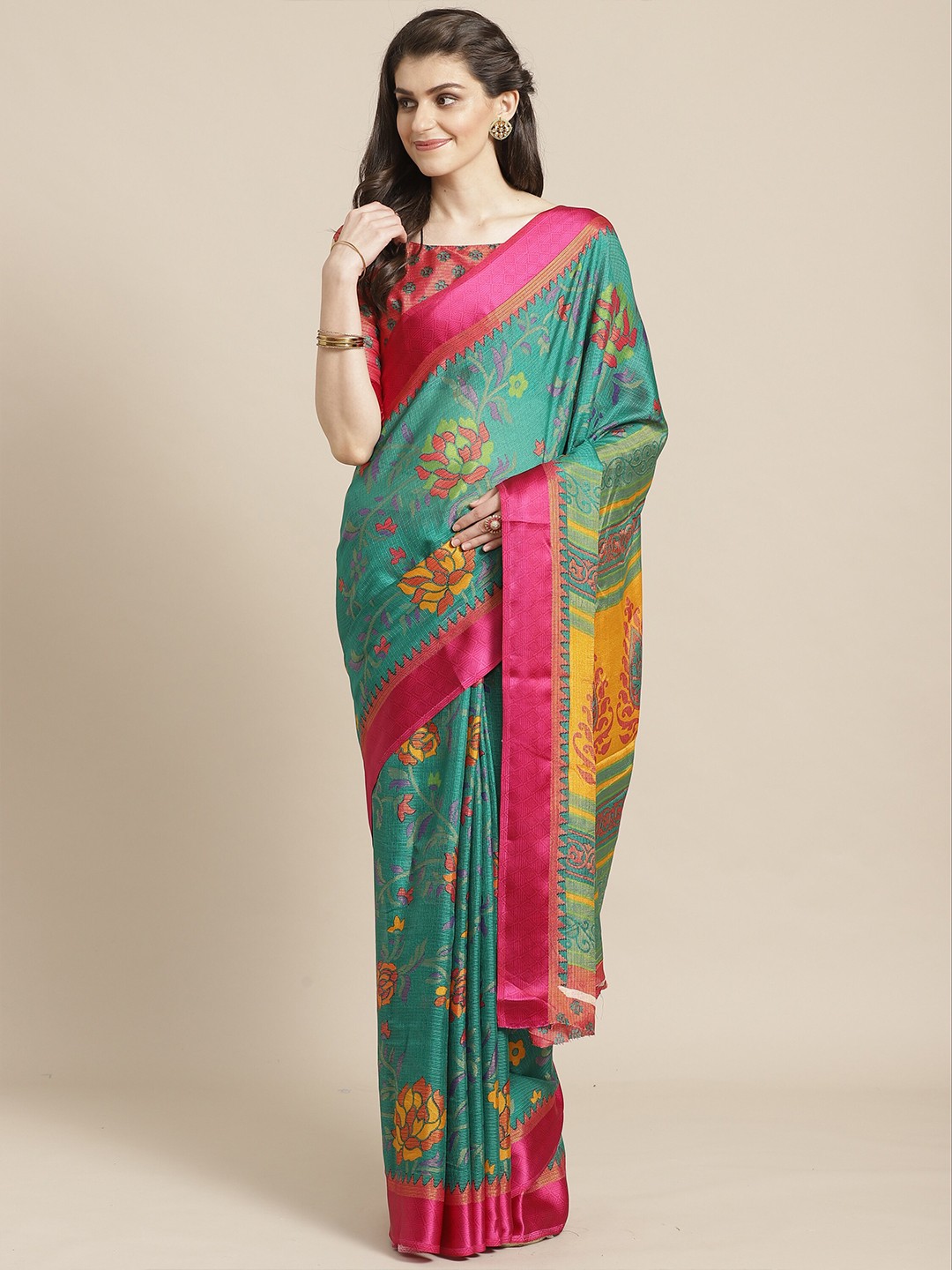 

Saree mall Green & Pink Woven Design Brasso Sarees
