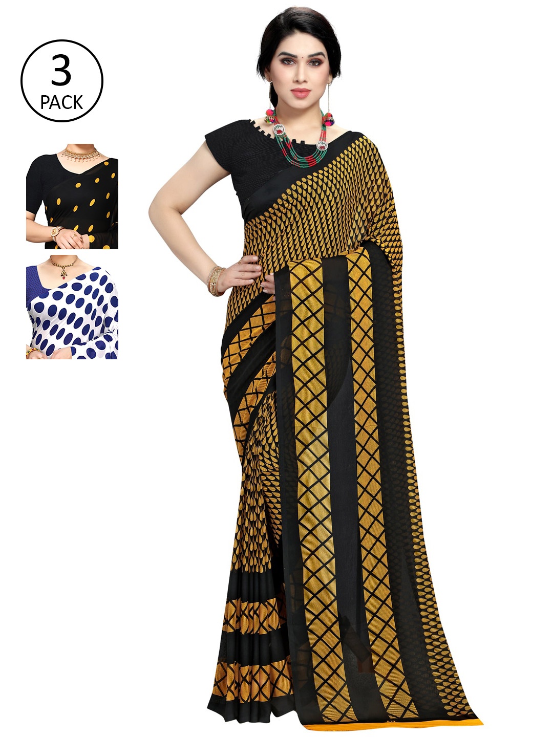 

KALINI Pack of 3 Printed Poly Georgette Saree, Multi