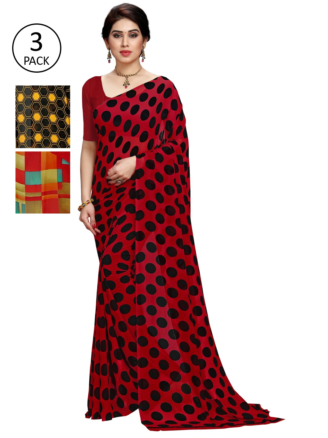 

KALINI Red & Black Pack of 3 Printed Saree