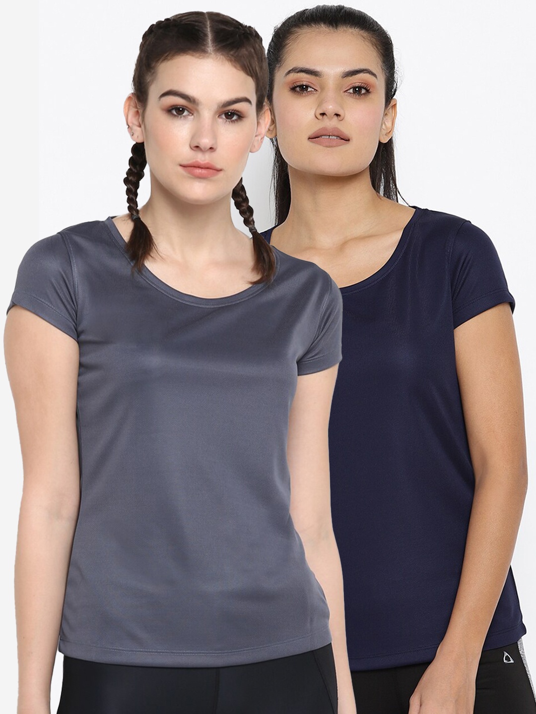 ScoldMe Women Set of 2 Grey & Navy Blue Slim Fit T-shirts