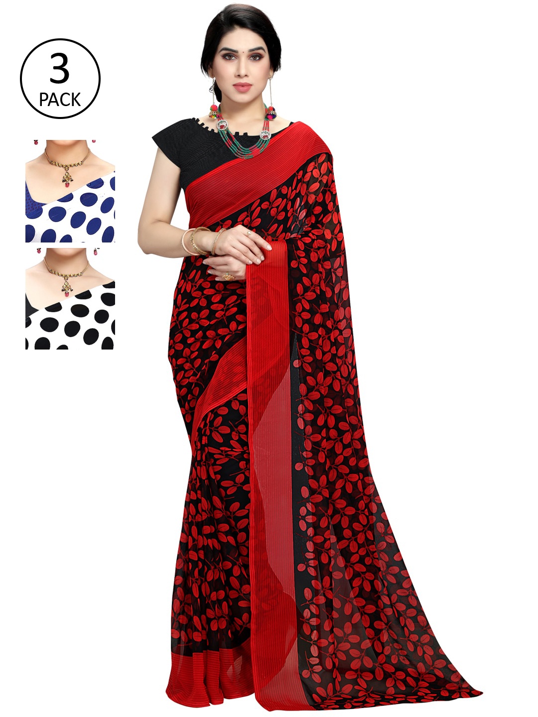 

KALINI Pack of 3 Poly Georgette Sarees, White