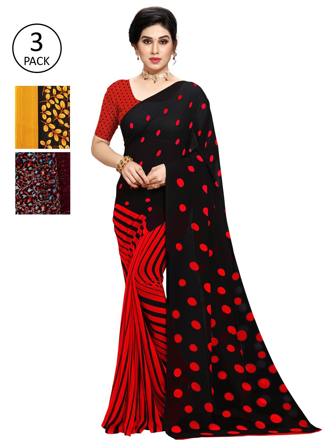 

KALINI Pack Of 3 Poly Georgette Sarees, Black