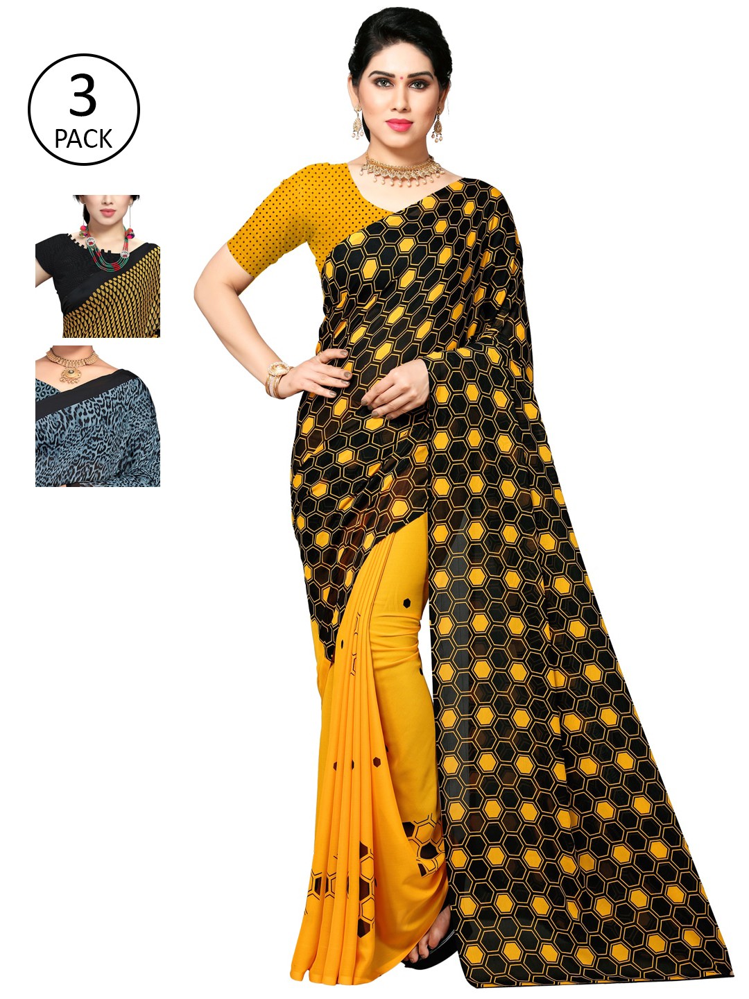 

KALINI Pack of 3 Yellow & Black Saree