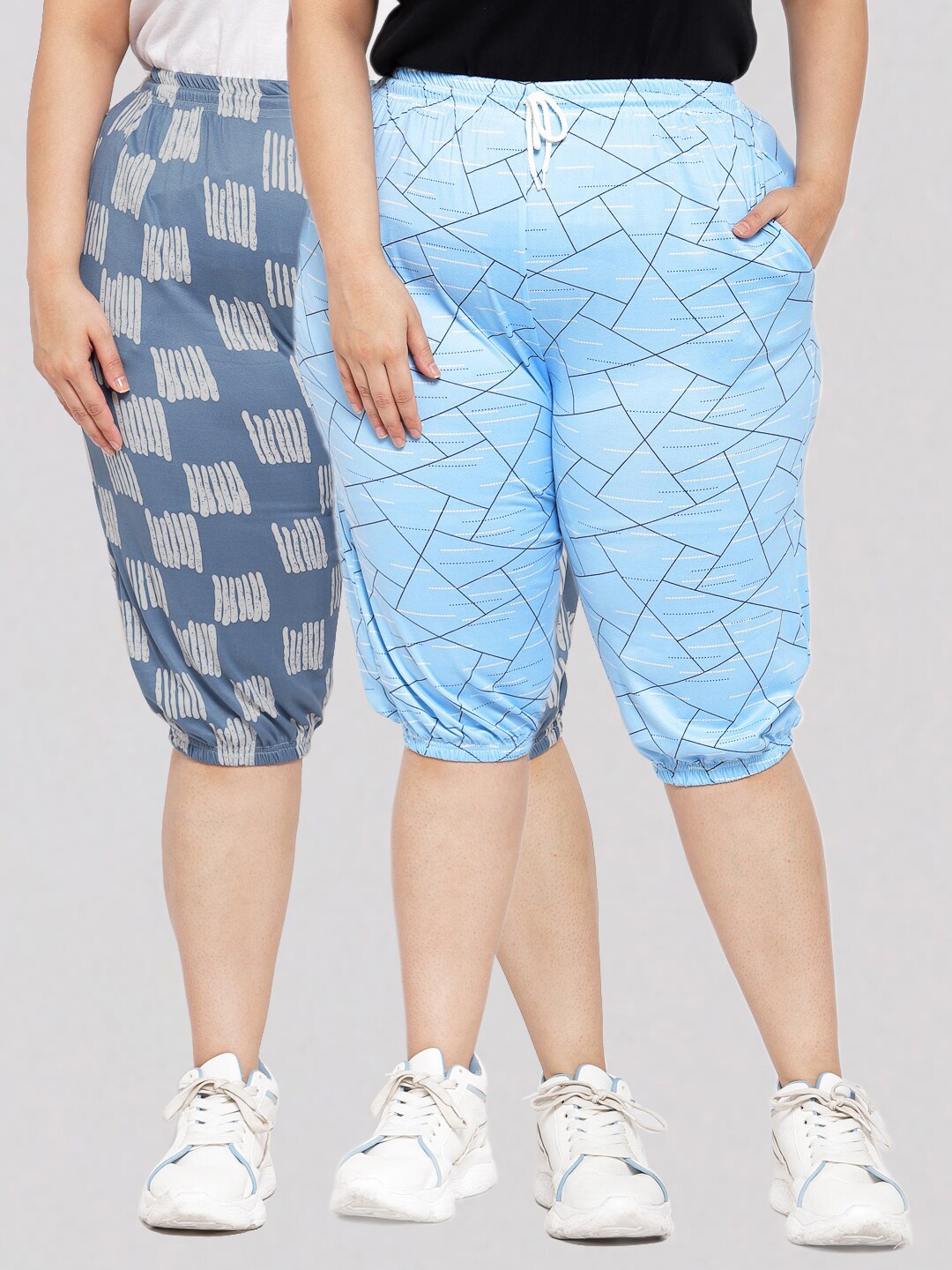 

KLOTTHE Women Plus Size Pack of 2 Blue & White Printed Capris