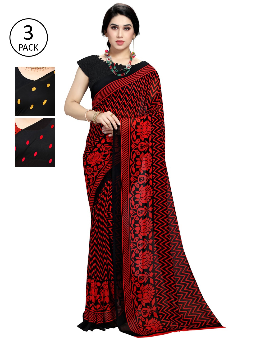 

KALINI Pack of 3 Black & Red Saree