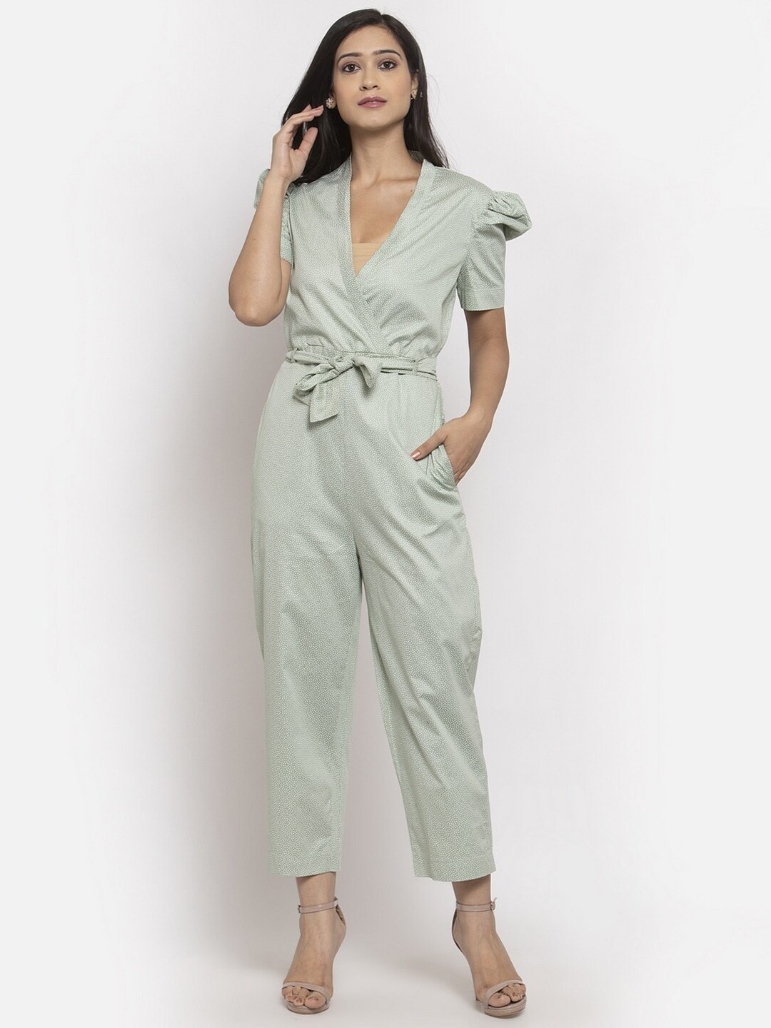 

Just Wow Women Green & White Printed Basic Jumpsuit