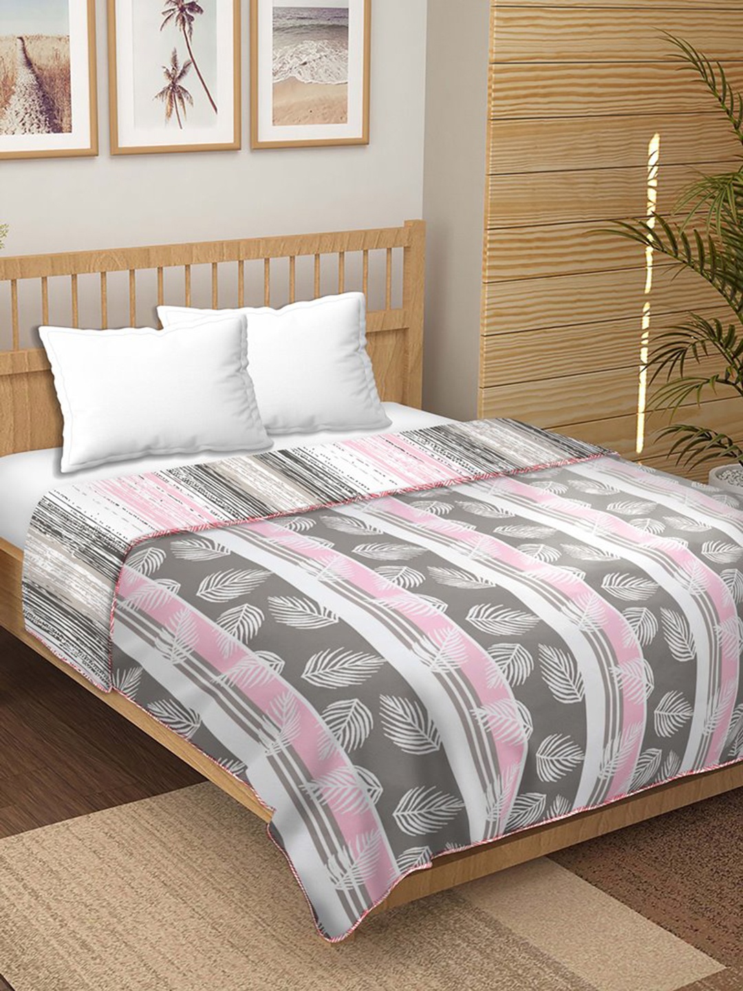 

BELLA CASA White & Pink Printed Cotton King Bedding Set