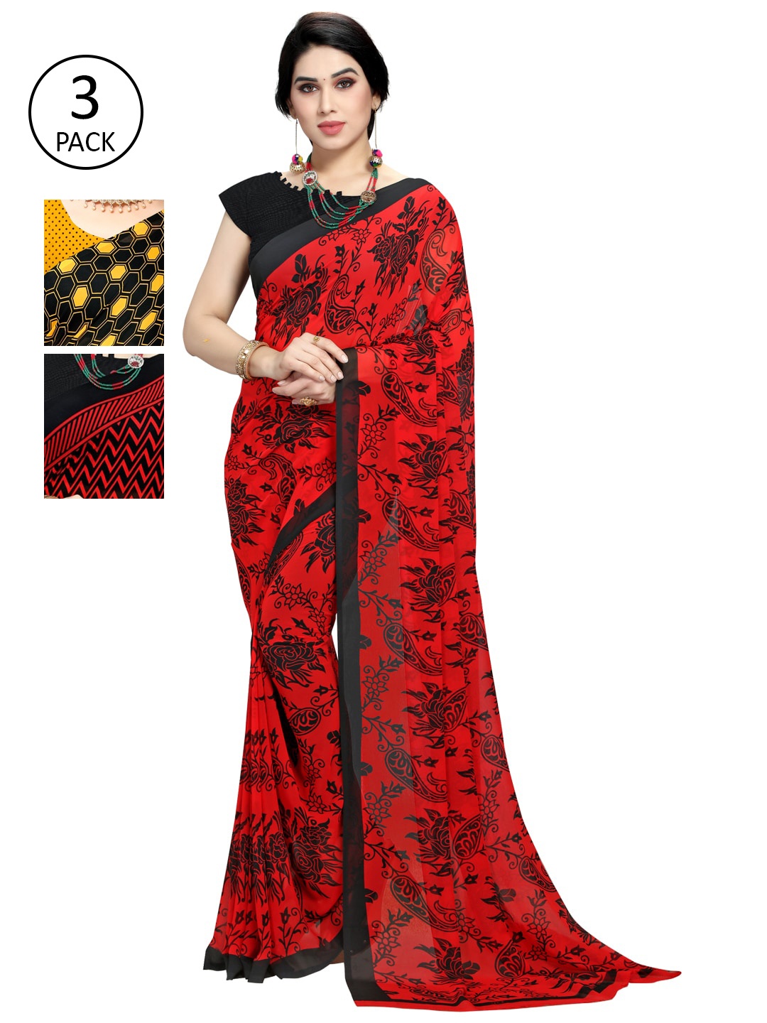 

KALINI Black & Red Pack of 3 Printed Saree