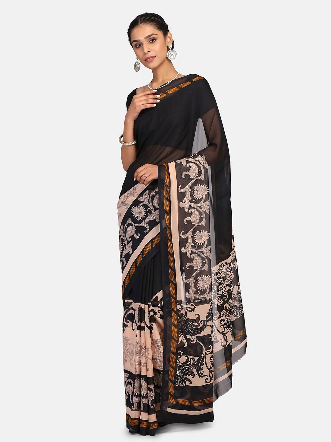 

Mirraw Black & Brown Floral Pure Georgette Fusion Saree