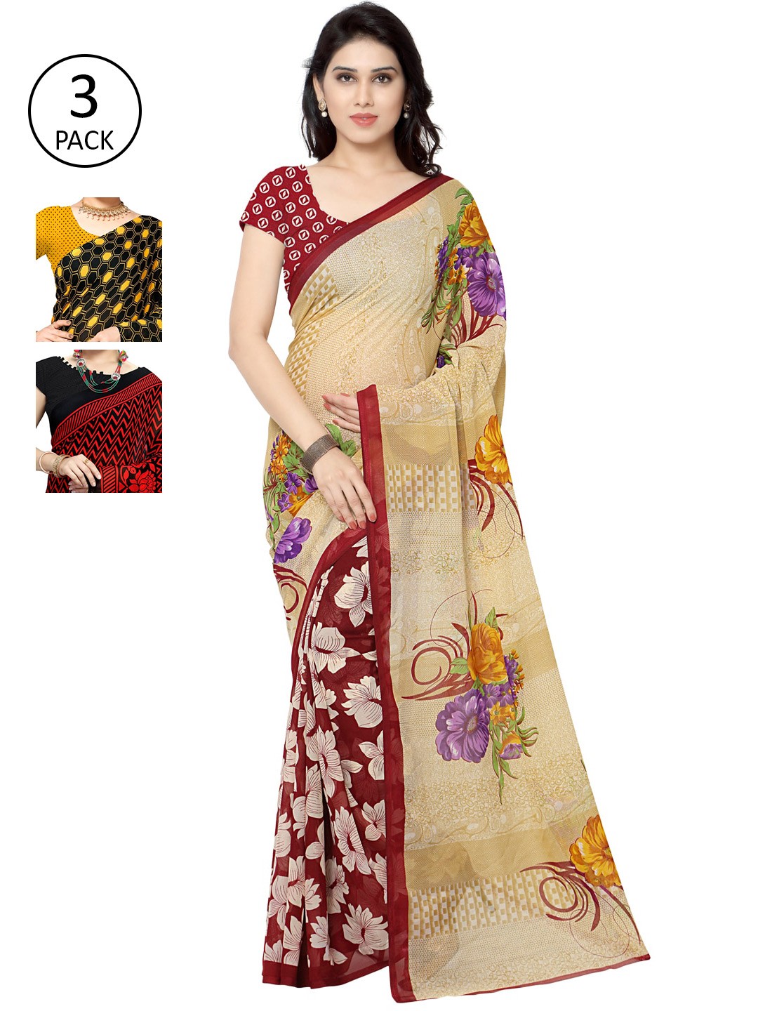 

KALINI Multicoloured Set of 3 Poly Georgette Saree, Multi