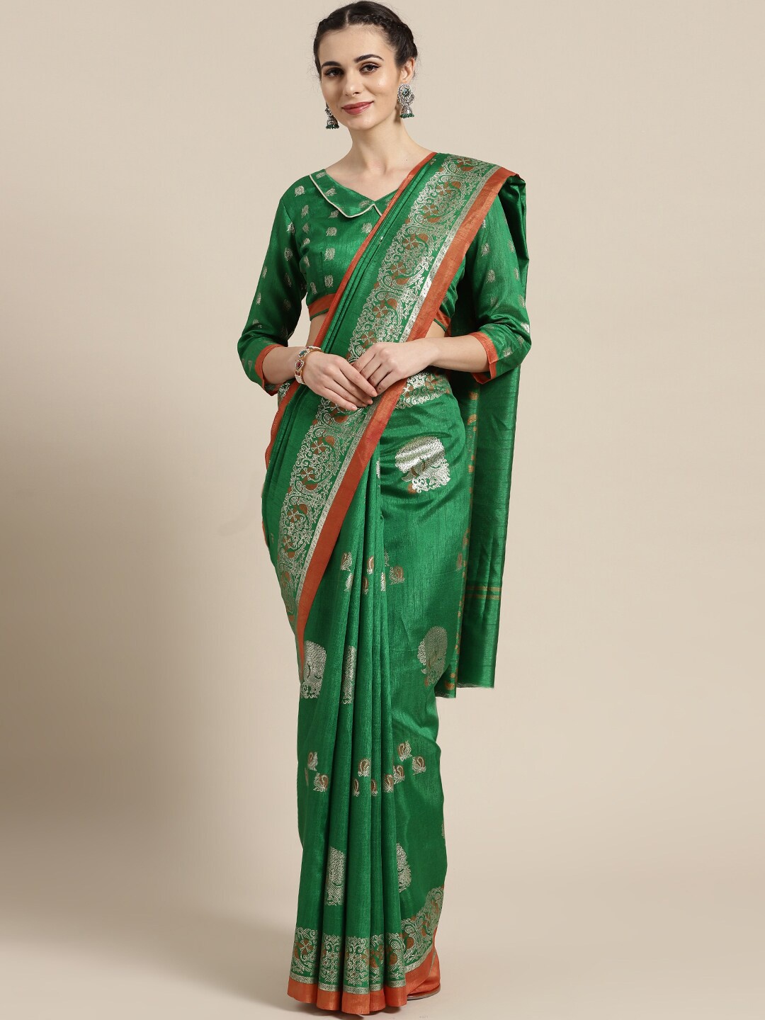 

Saree mall Green & Red Woven Design Art Silk Saree