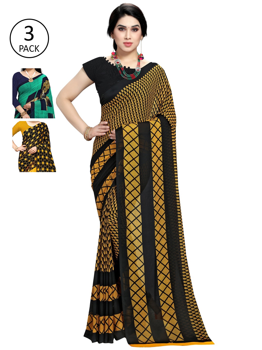 

KALINI Multicoloured Set of 3 Poly Georgette Saree, Multi