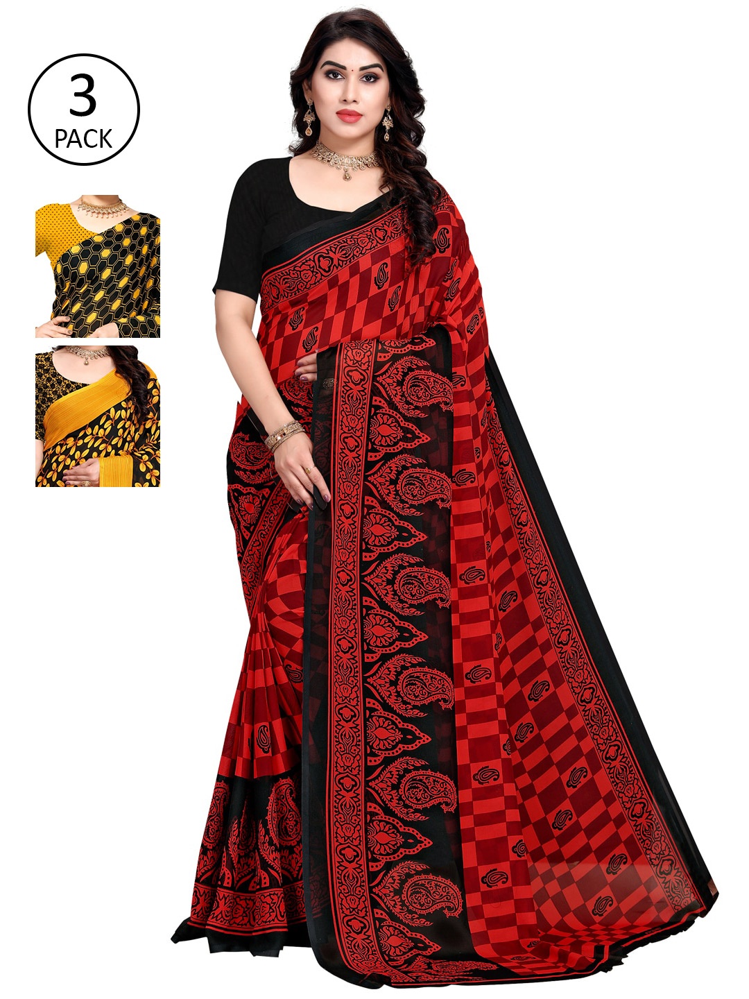 

KALINI Pack of 3 Yellow & Black Saree