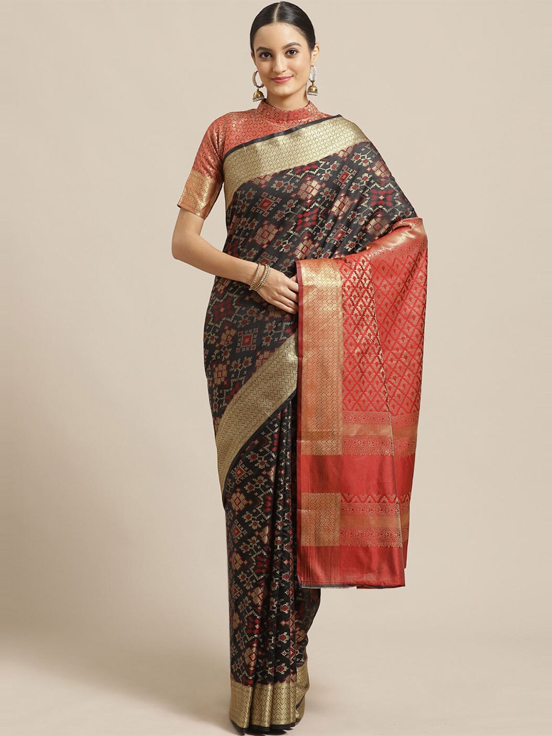 

Saree mall Black & Red Zari Silk Blend Banarasi Sarees