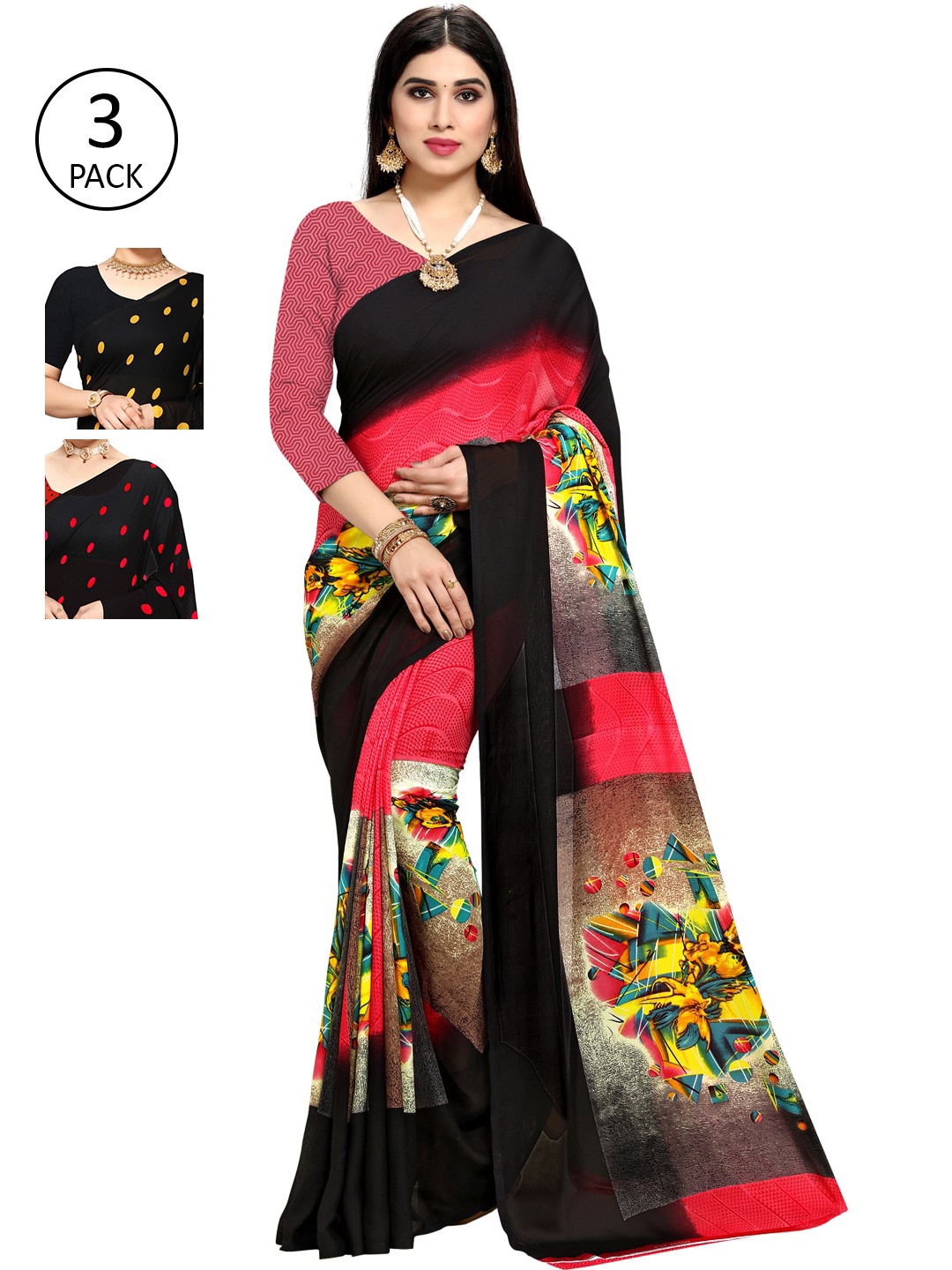 

ANAND SAREES Women Pack of 3 Printed Poly Georgette Sarees, Yellow