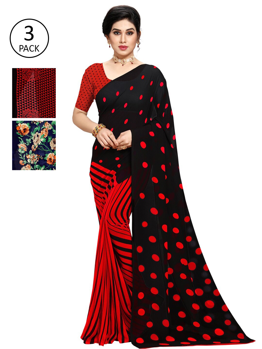 

KALINI Multicoloured Set of 3 Poly Georgette Saree, Multi
