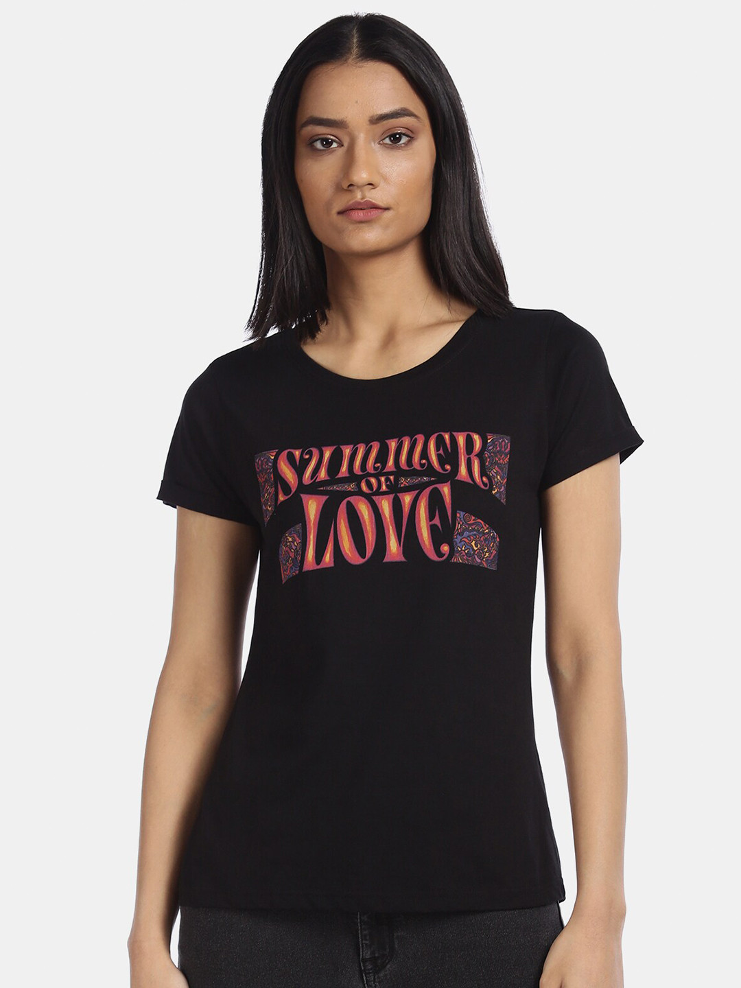 

Sugr Women Black Typography Printed Pure Cotton T-shirt