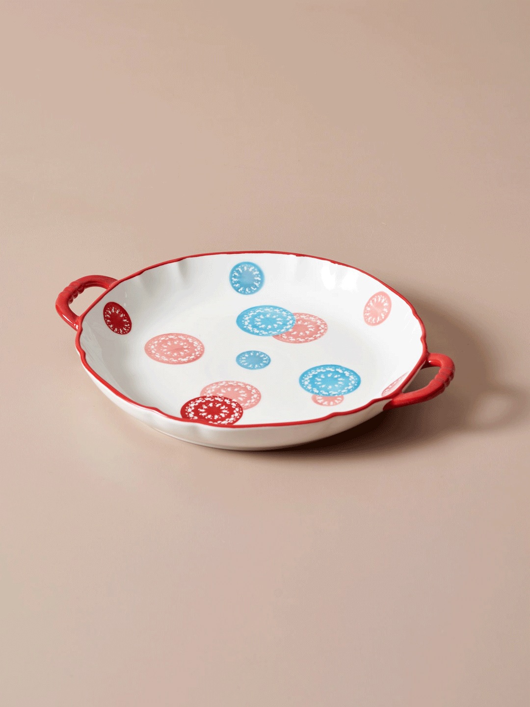 

THEDECORKART White & Red Printed Dandelion Shallow Baking Dish