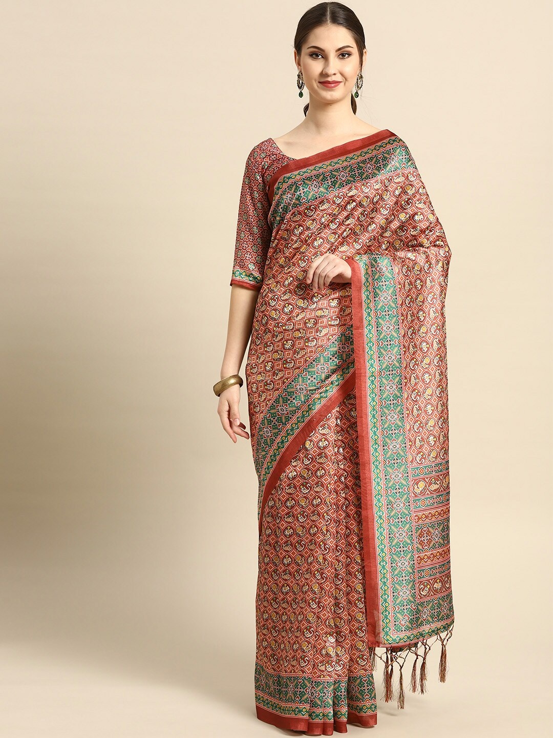 

Saree mall Maroon & Green Ethnic Motifs Silk Blend Saree