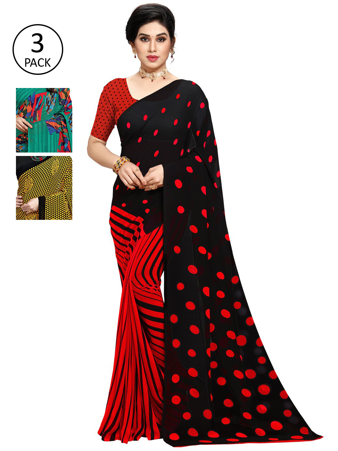 

KALINI Pack Of 3 Poly Georgette Sarees, Black