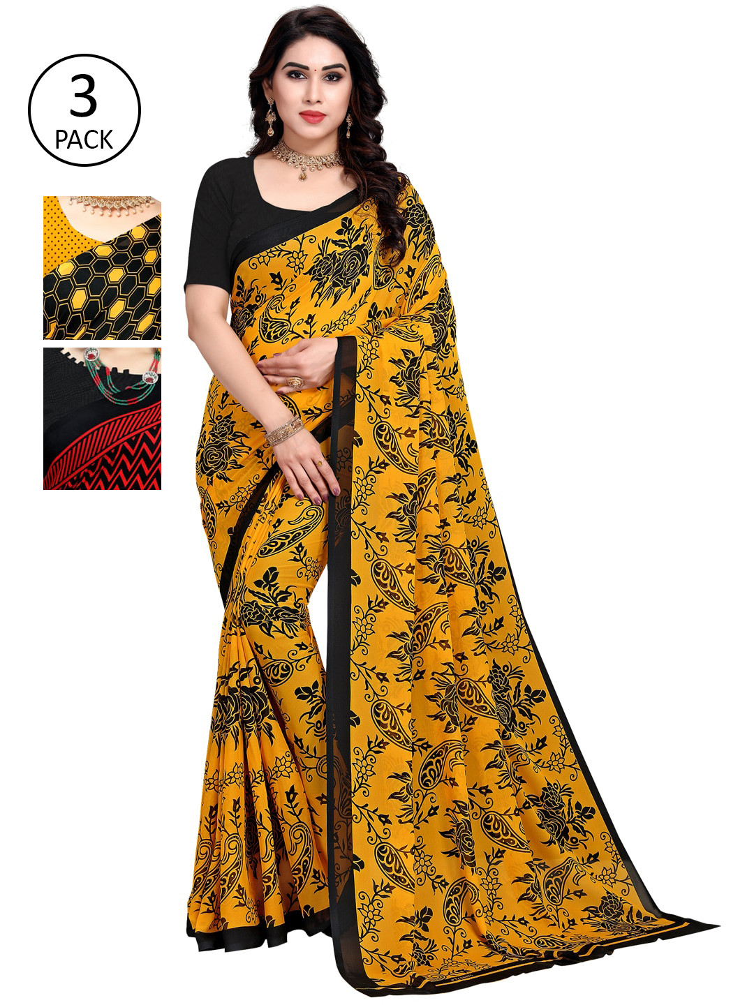 

KALINI Pack of 3 Poly Georgette Sarees, Yellow