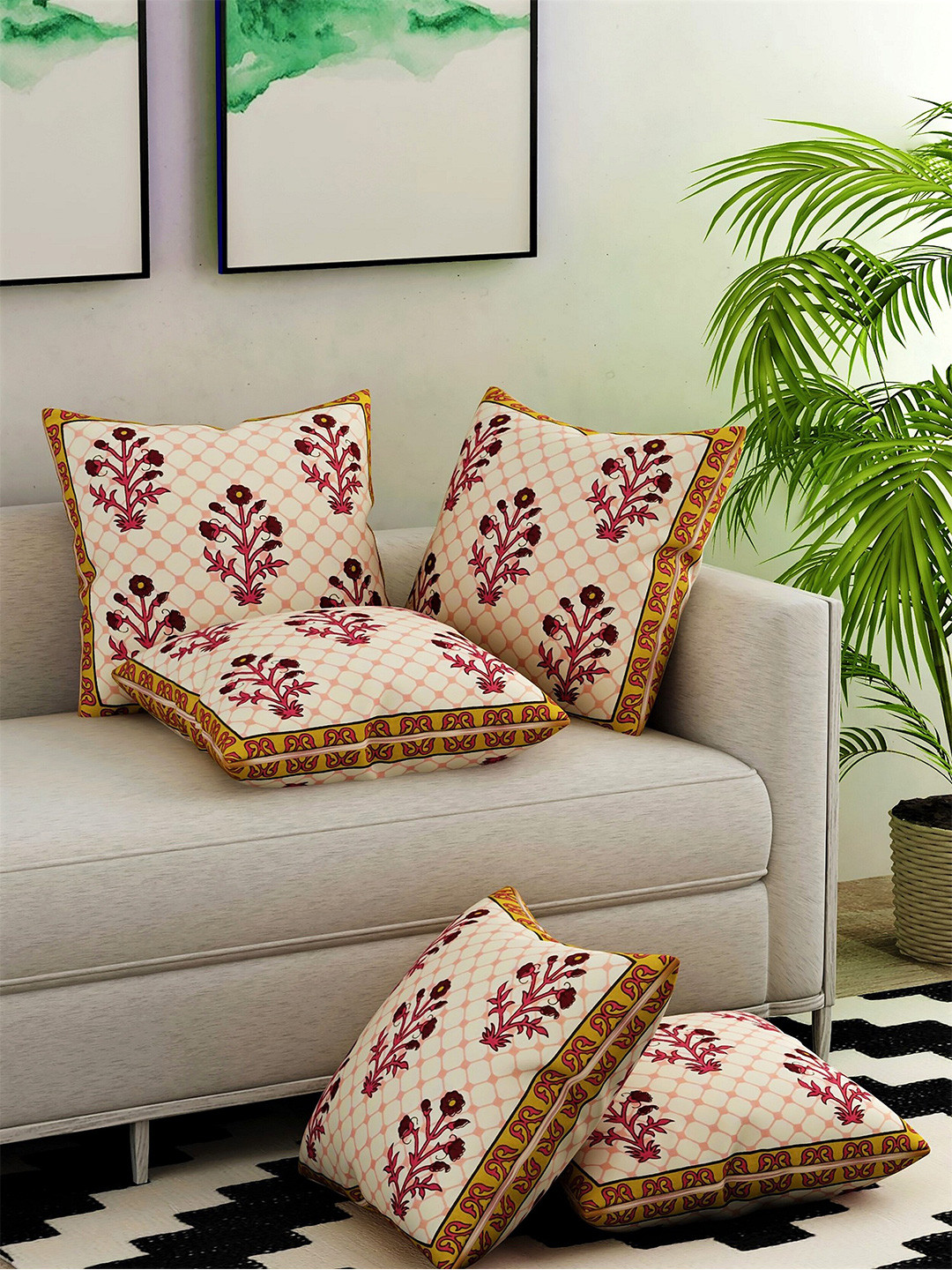 

Salona Bichona White & Mustard Set of 5 Floral Square Cushion Covers