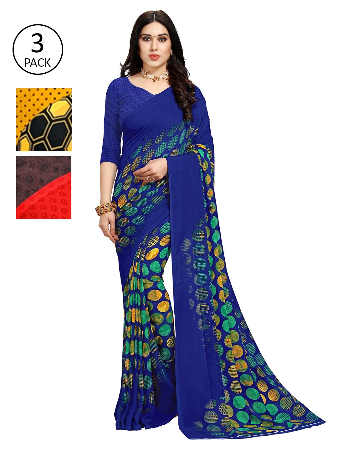 

KALINI Pack of 3 Printed Saree, Blue