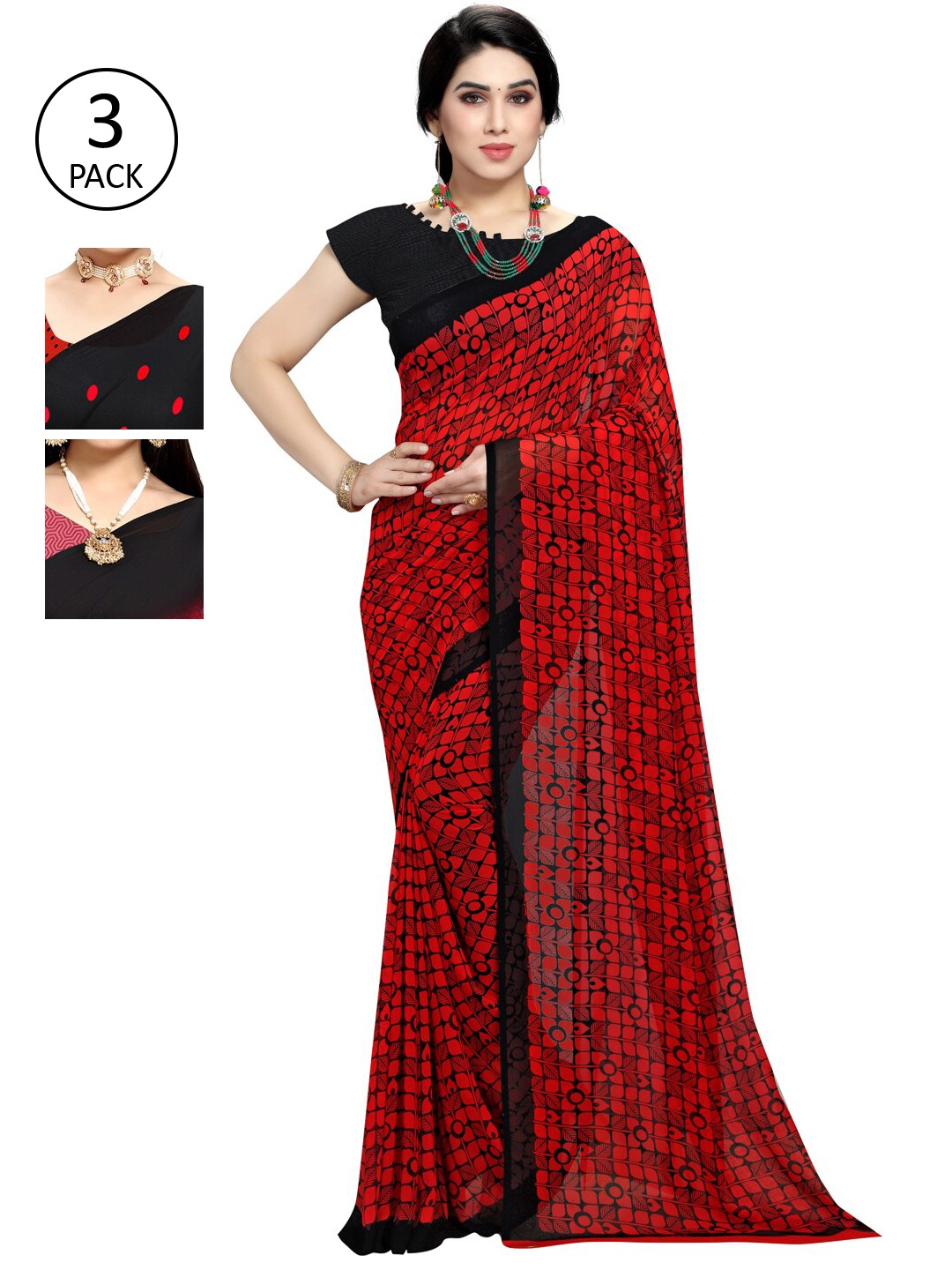 

KALINI Pack of 3 Poly Georgette Printed Sarees, Black