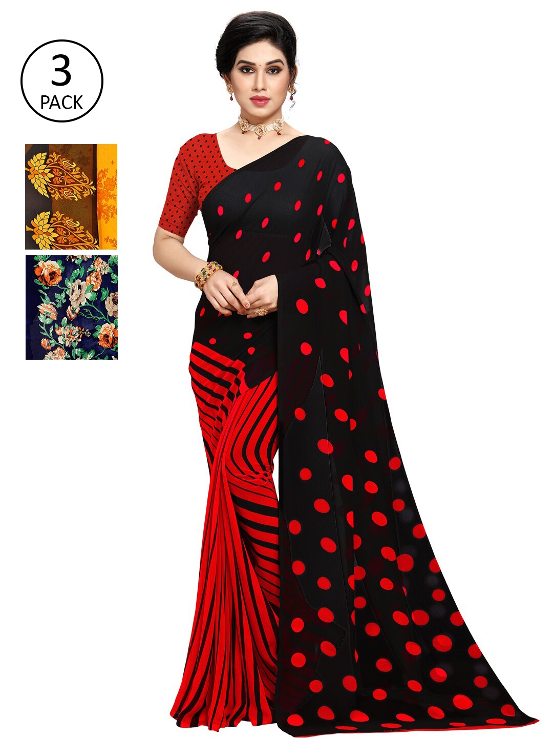 

KALINI Women Pack of 3 Printed Sarees, Black